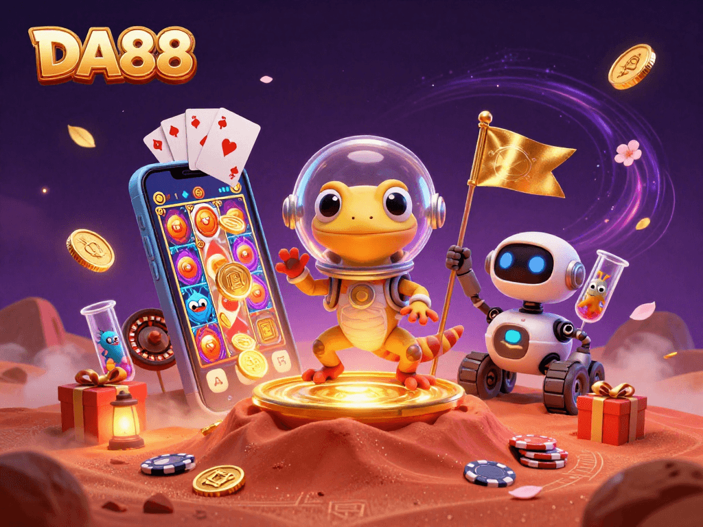 Experience thrilling gaming at DA88 with a Martian gecko discovering a golden casino!
