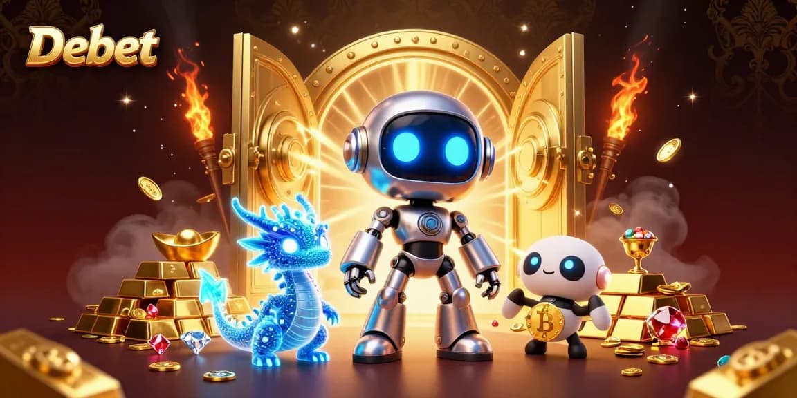Engage with Debet's exciting 3D gambling universe featuring dynamic characters and golden treasures.
