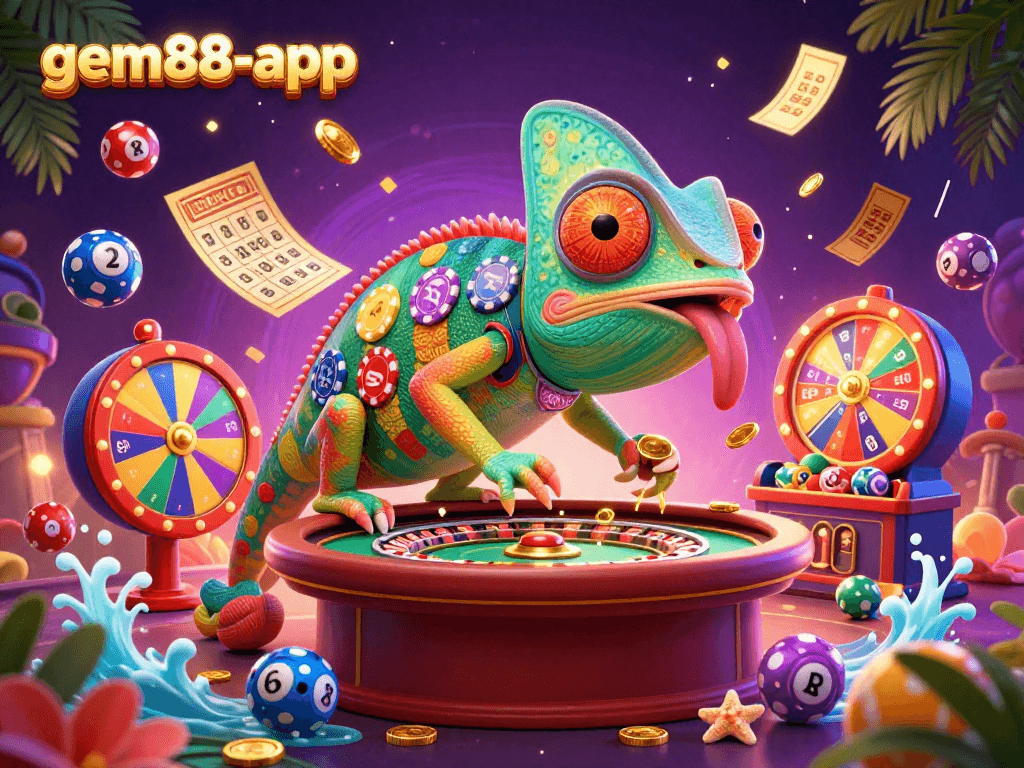 Experience thrilling gameplay with gem88-app's vibrant casino illustration showcasing dynamic elements and exciting characters.