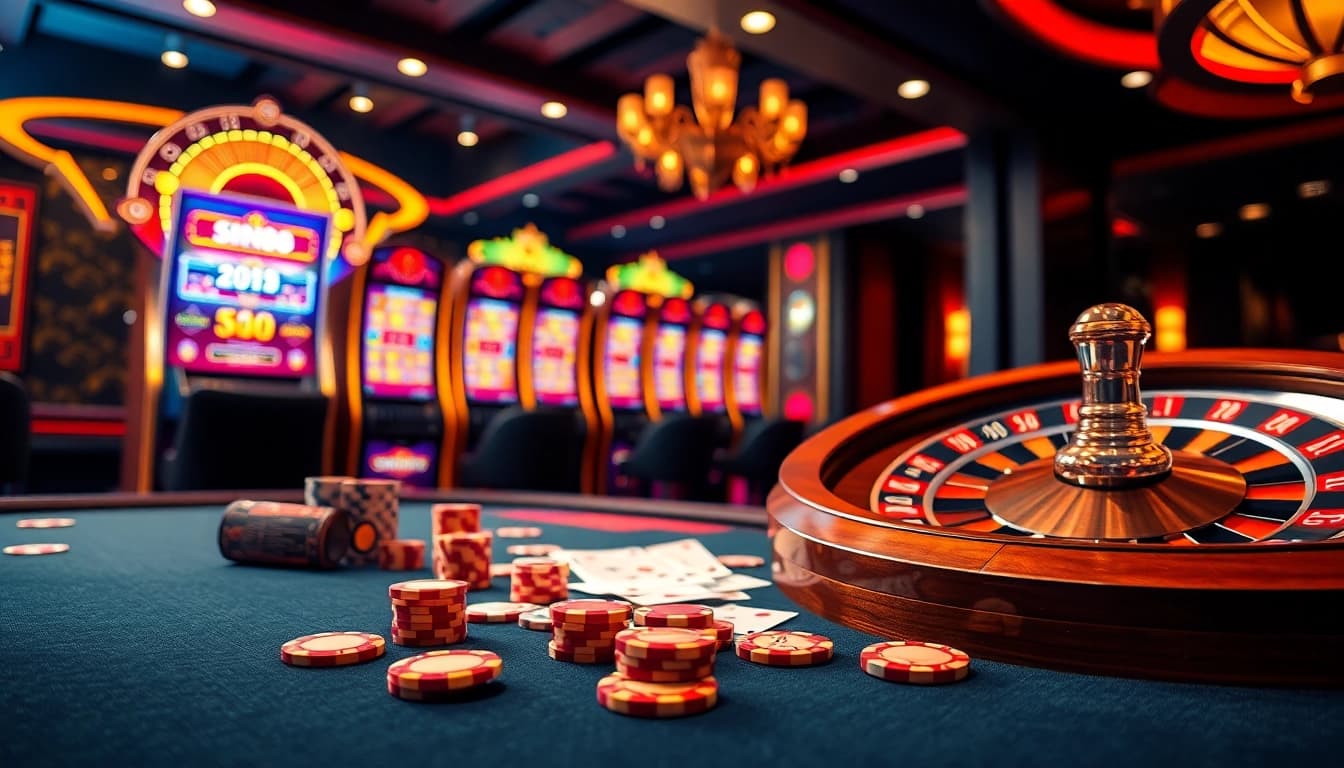 Experience the luxury and excitement of sin88 with an inviting casino scene featuring vibrant tables and slot machines.