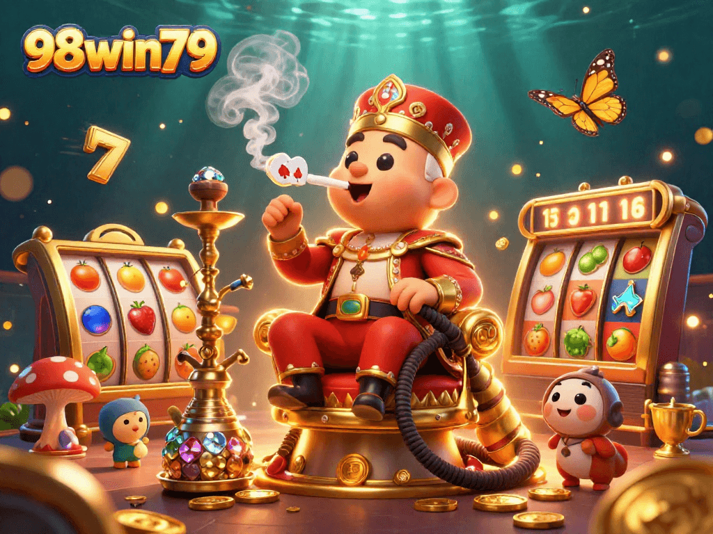 Engage thrilling games at 98win79, showcasing a vibrant scene with slots, poker, and glittering trophies.