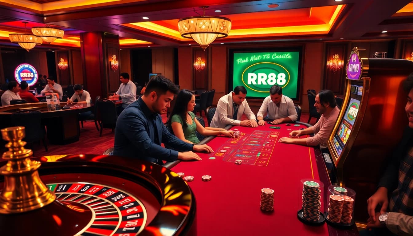 Experience thrilling gaming action at RR88's vibrant casino tables filled with excitement.