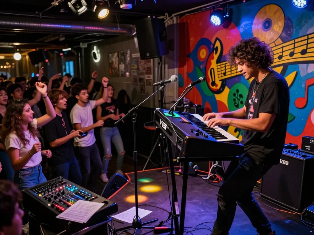 Musician performing with VK88 organ on stage, vibrant urban venue, electric atmosphere.