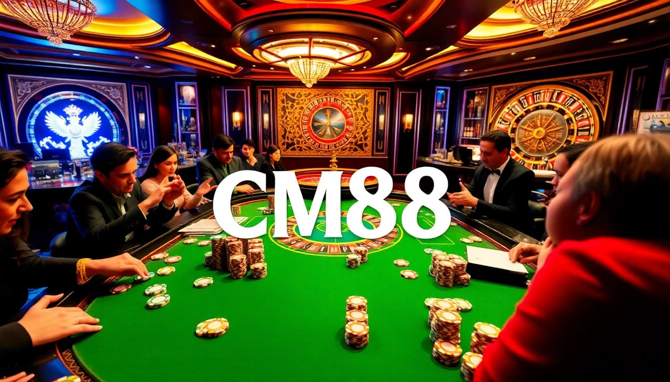 Gamblers strategizing at a vibrant poker table featuring CM88 poker chips and cards in a luxurious setting.