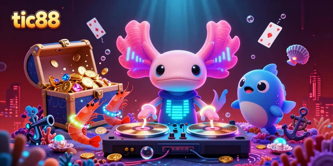 Experience thrilling gameplay at tic88 with a vibrant underwater casino scene featuring a neon axolotl DJ.