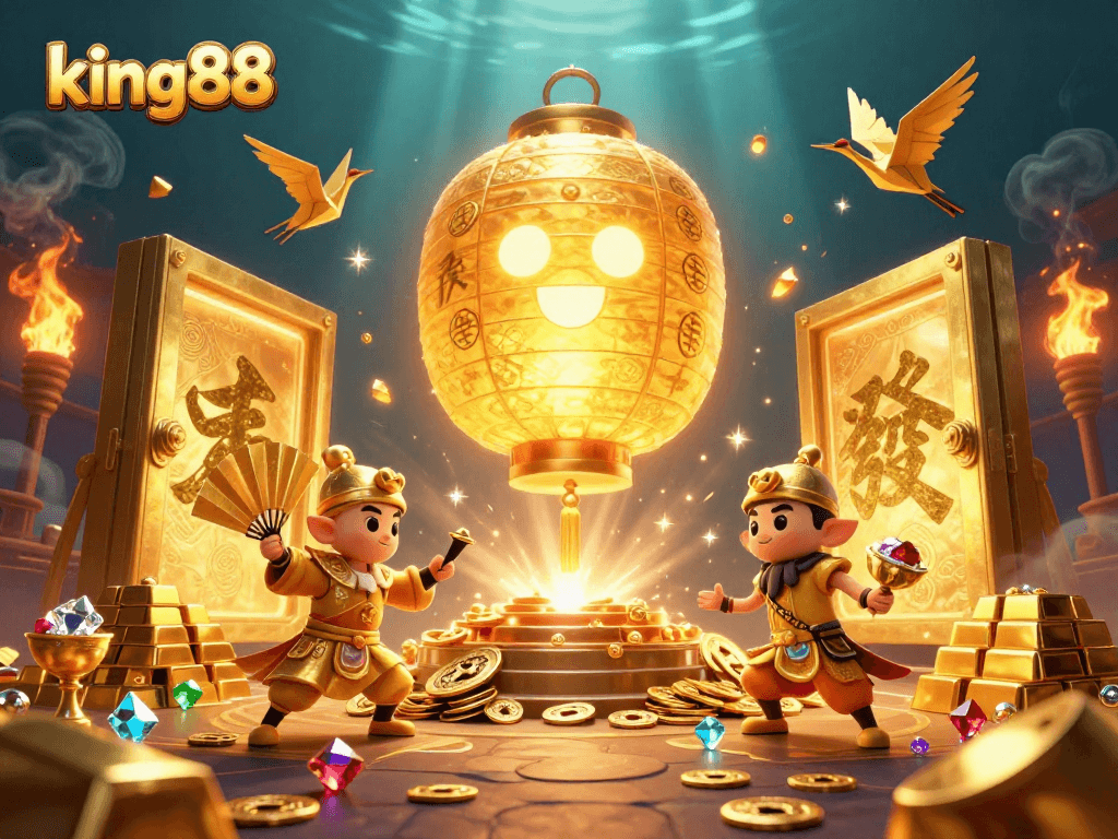 Experience exciting gameplay at king88 with vibrant golden elements and animated characters in a dynamic casino scene.