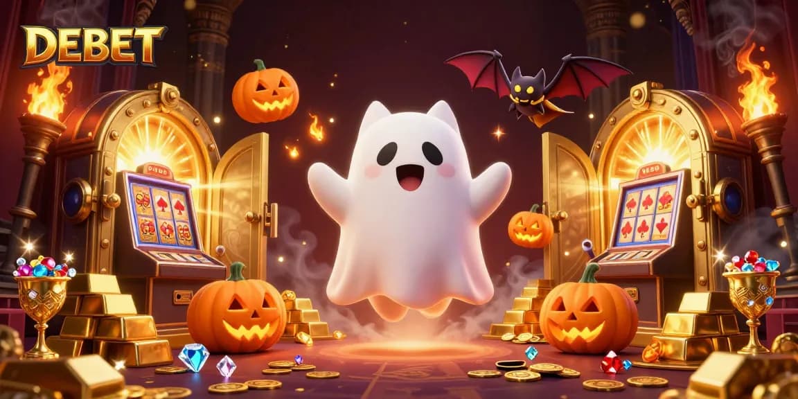 Win big with DEBET at this haunted casino, featuring a ghost cat and treasure.