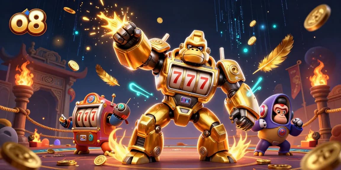 Engage in thrilling gameplay at o8 featuring a dynamic scene with a golden gorilla mech and casino elements.