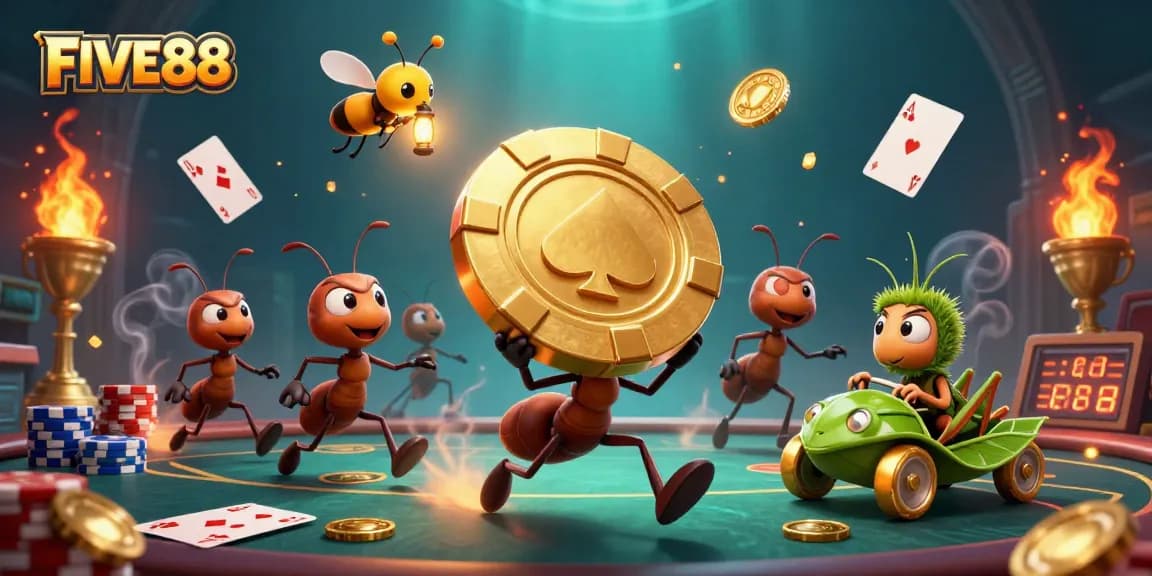 Join the ants of FIVE88 in a thrilling casino heist with golden poker chips in a vibrant 3D scene.