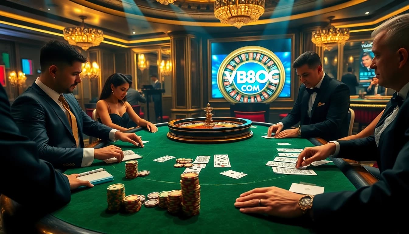Players engaged in a high-stakes game at VB88 COM casino table, showcasing excitement and professionalism.