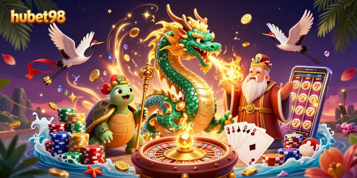 Experience thrilling gaming action with hubet98 featuring a dragon, turtle sage, and lucky cranes.