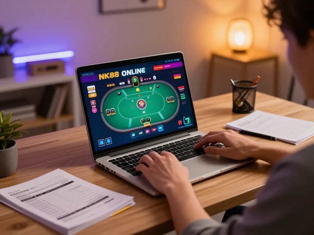 Player engaged in NK88 online casino game with laptop displaying poker interface and strategy notes.