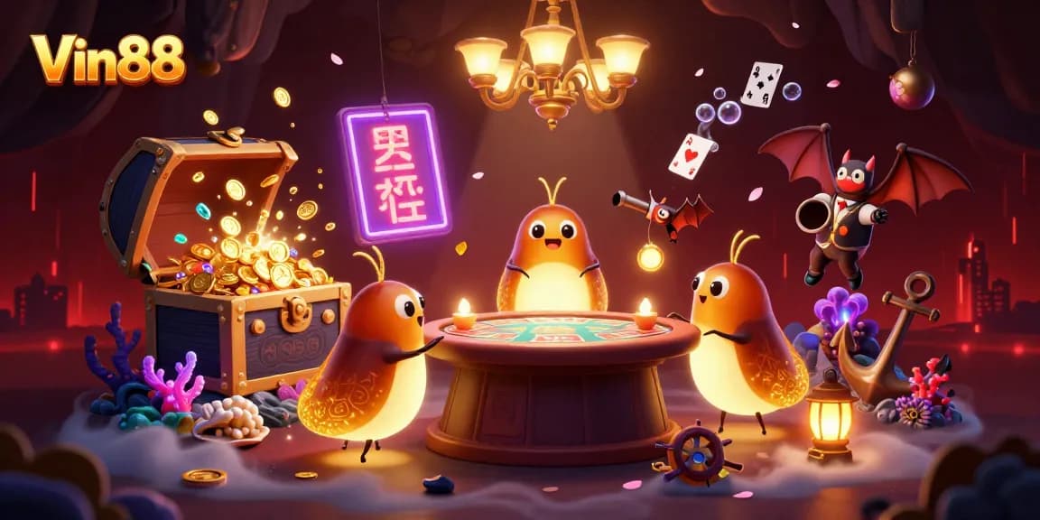 Experience the excitement of Vin88 with vibrant glowworms illuminating a dynamic cave casino.