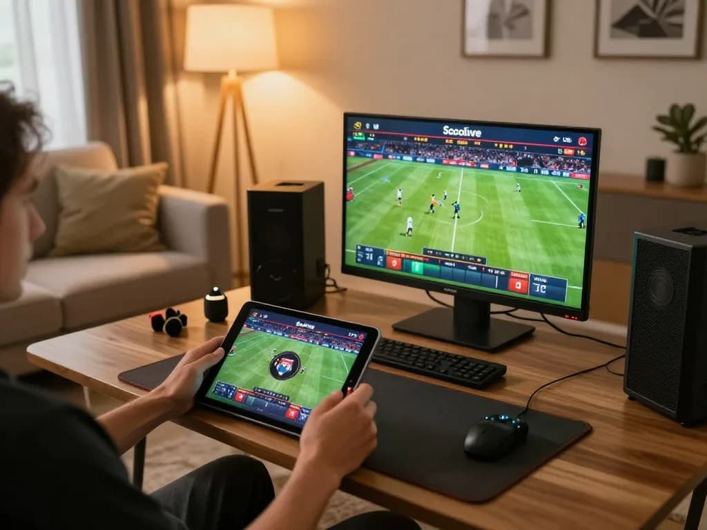 Socolive user engaging in online betting with live football matches on a tablet, showcasing a vibrant home gaming atmosphere.