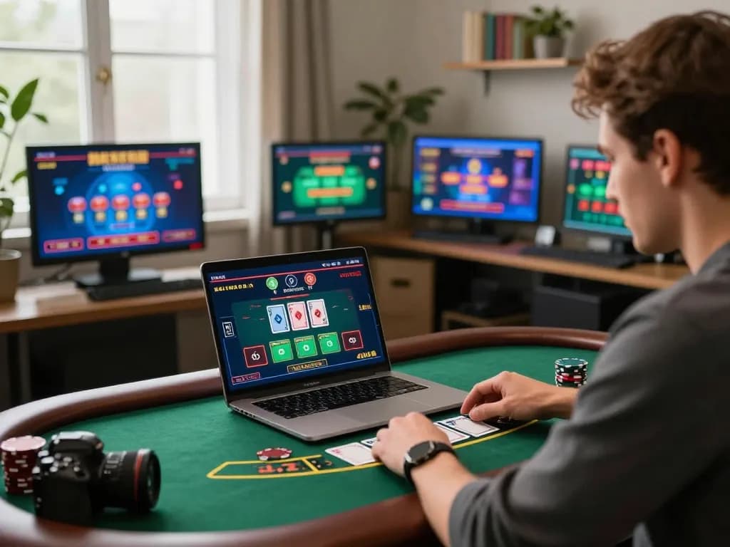 Player enjoying a live dealer blackjack game on LV88, showcasing a stylish gaming setup with multiple screens and vibrant gameplay.