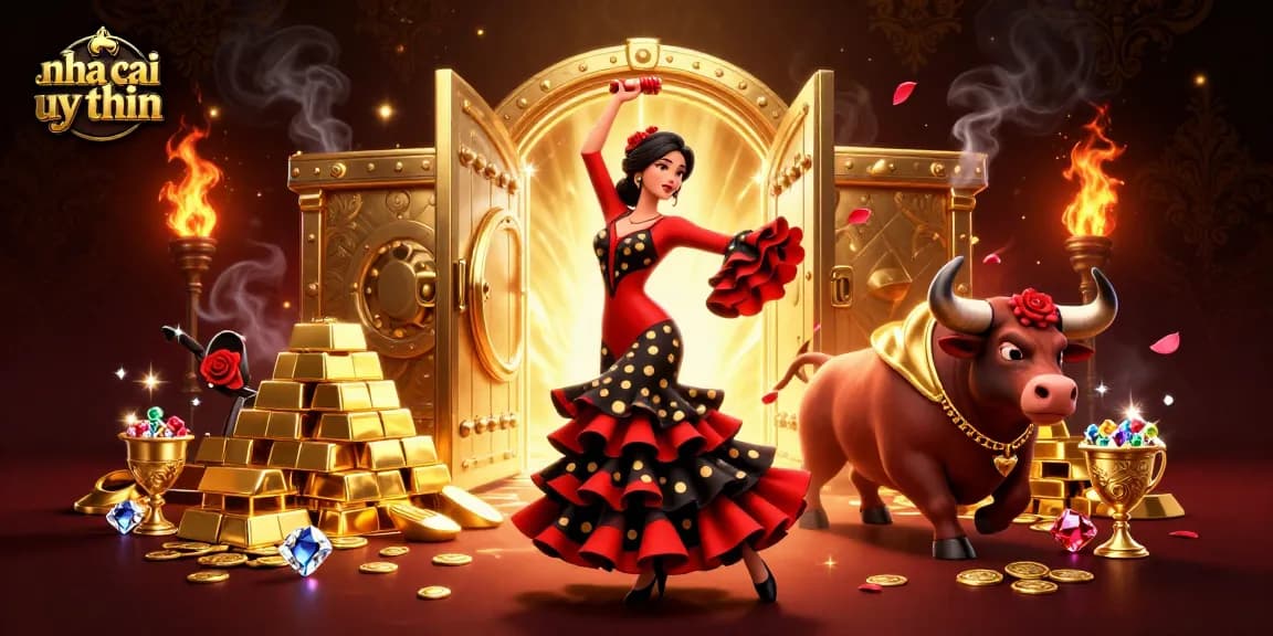 Engage in exciting gaming with nha cai uy tin, a vibrant scene of a flamenco dancer and cartoon bull amidst treasures.