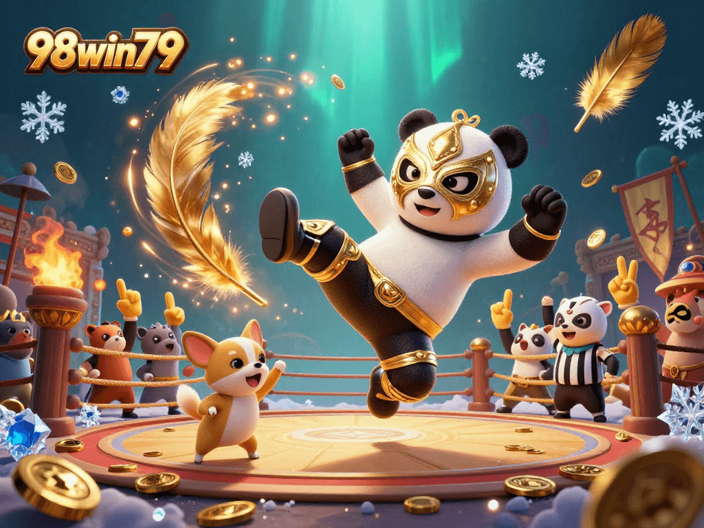 Experience thrilling actions at 98win79 with a panda wrestler in a dynamic casino scene.