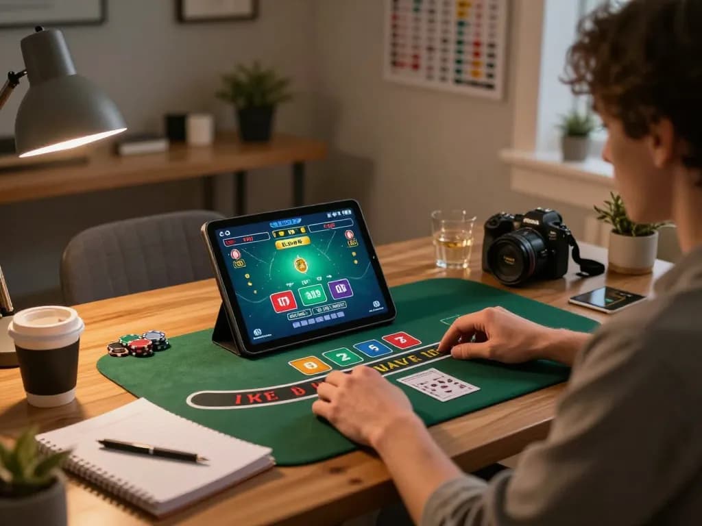 Engaged player using LC88 for a live dealer blackjack game at home, showcasing strategic betting.