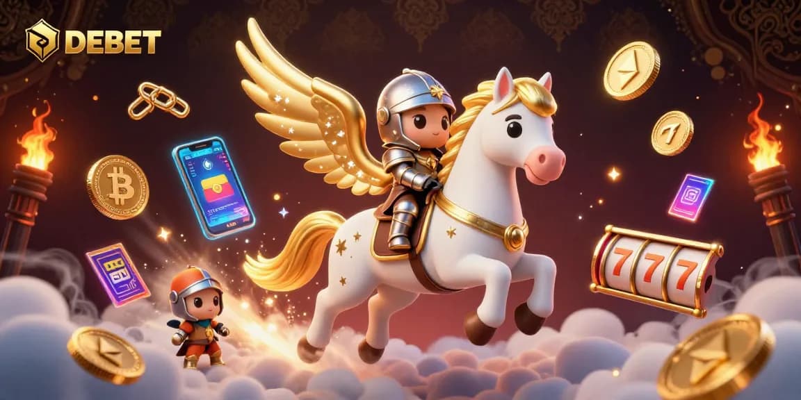 Experience thrilling slots with DEBET, featuring a celestial horse and vibrant crypto elements.