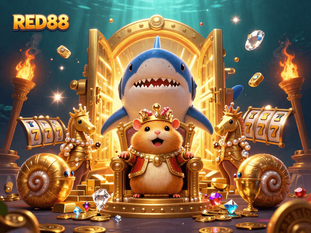 Experience the thrill with RED88 as the golden hamster king rules a vibrant casino of treasures.