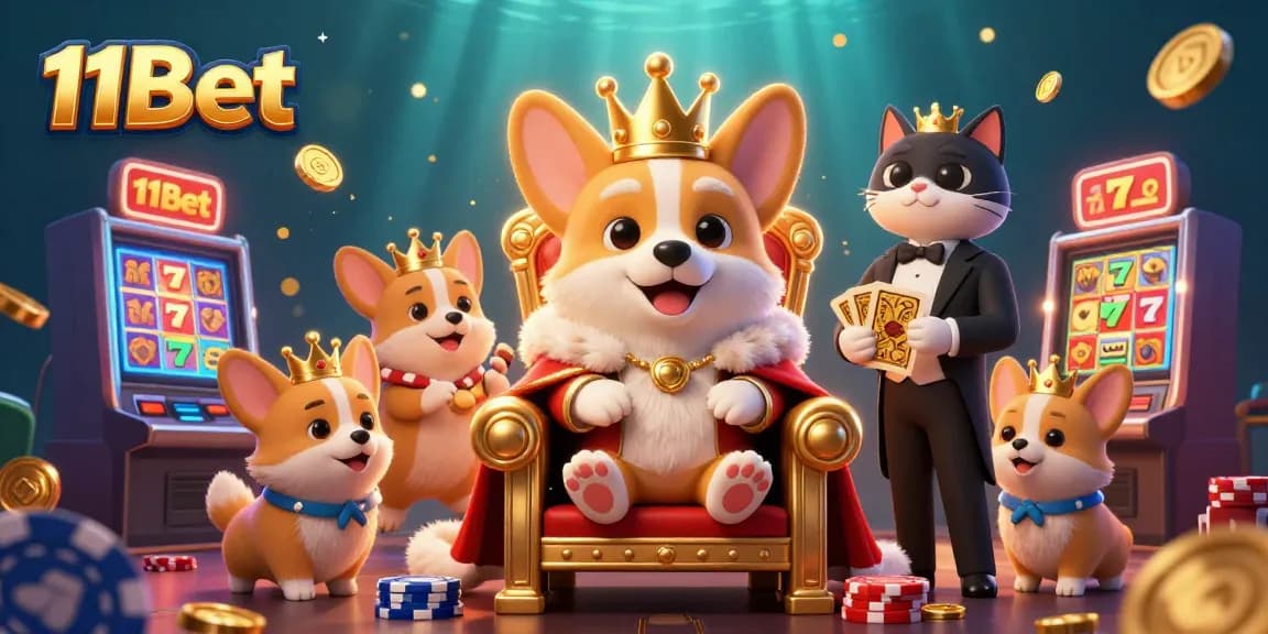 Spin jackpots at 11Bet's vibrant casino environment filled with lively characters and slot machines.
