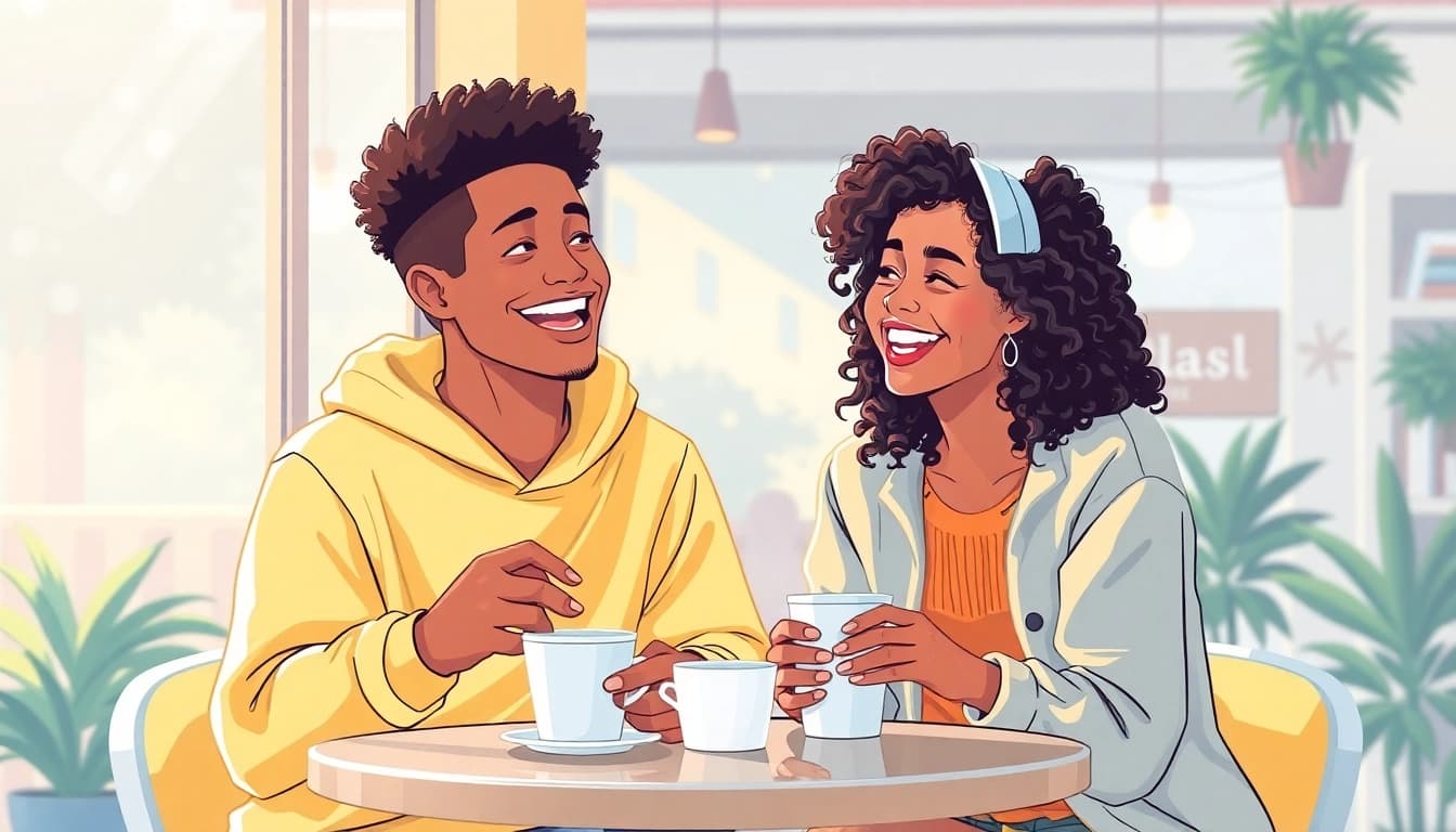 Capture the moment of a crush on someone with two friends sharing laughter in a cozy café.