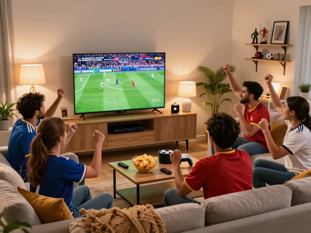 Friends enjoying a live match from cakhiatv.uk.com in a cozy living room atmosphere.
