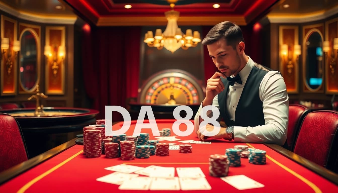 Strategic casino gaming with DA88 poker chips and a roulette wheel capturing the thrill of high-stakes bets.