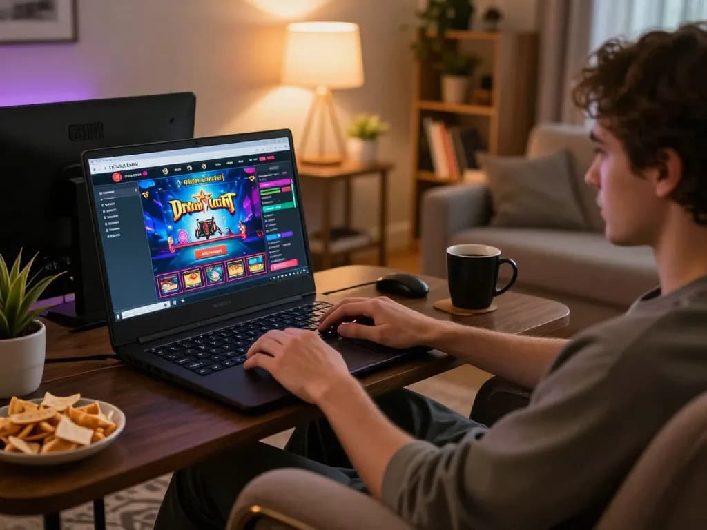 Engaged player enjoying online casino games at https://debet.talk/ in a cozy home setting
