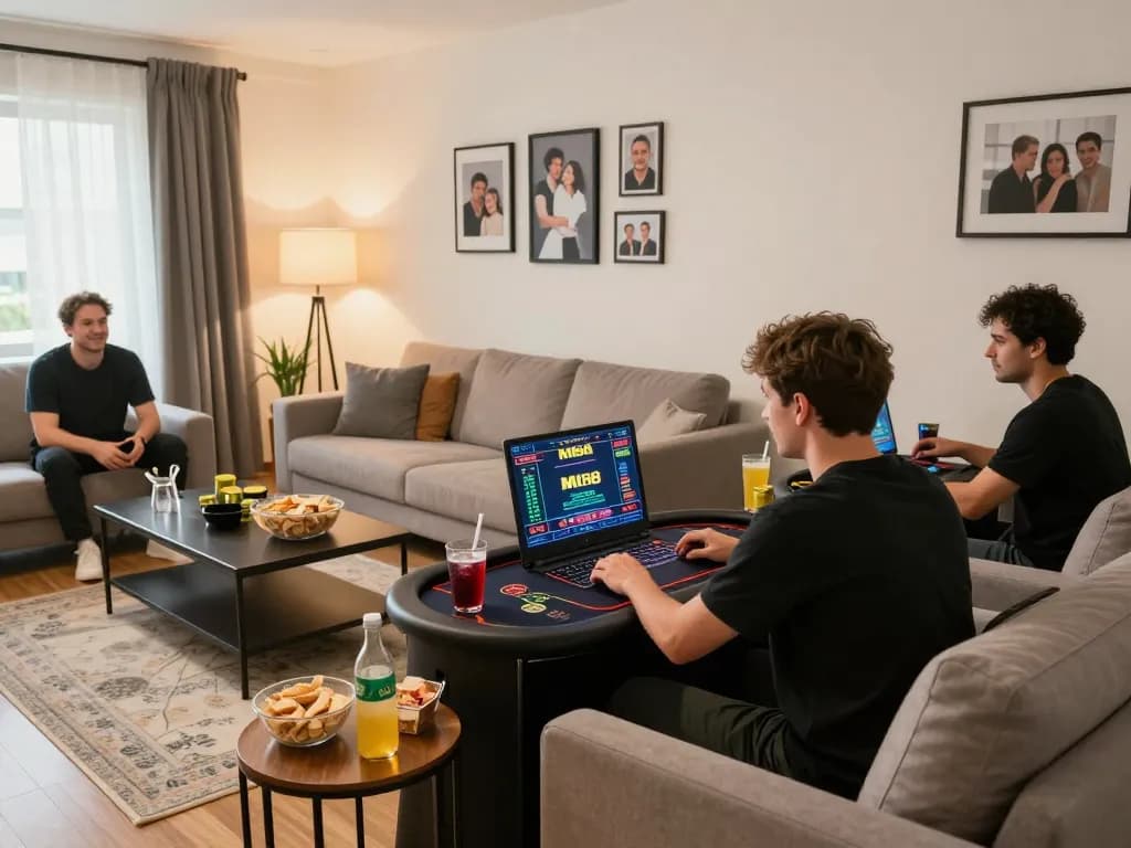 MIG8 player engaging in online live casino gameplay at home, showcasing a cozy and exciting atmosphere.
