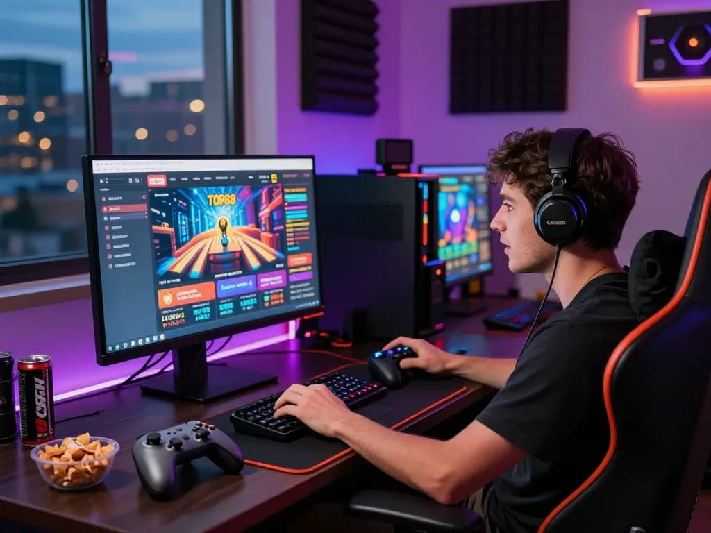 Online gaming enthusiast engaging with TOP88 casino interface in vibrant setup.