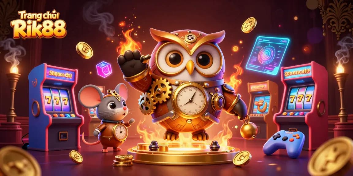 Engage with thrilling games at Trang chủ Rik88, featuring steampunk owl and vibrant casino elements.