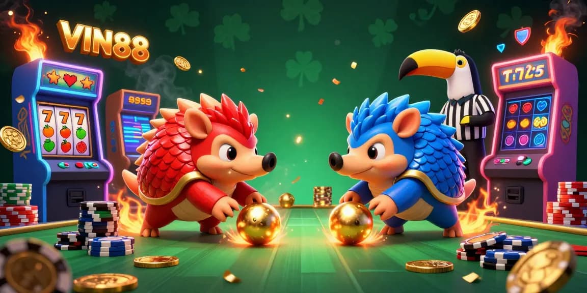 Experience the excitement of VIN88 where rival pangolins compete in a vibrant casino game environment.
