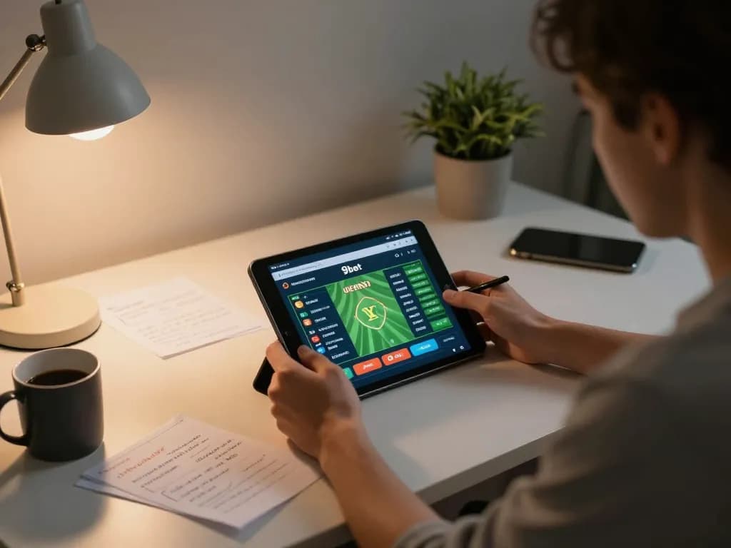Player engaging in sports betting on the 9bet app at a stylish home desk