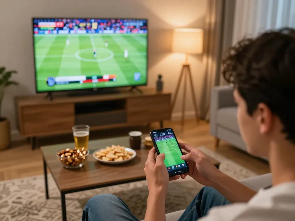 Engaging user placing bets through https://tip88.buzz/ on a smartphone while enjoying a live football match at home.
