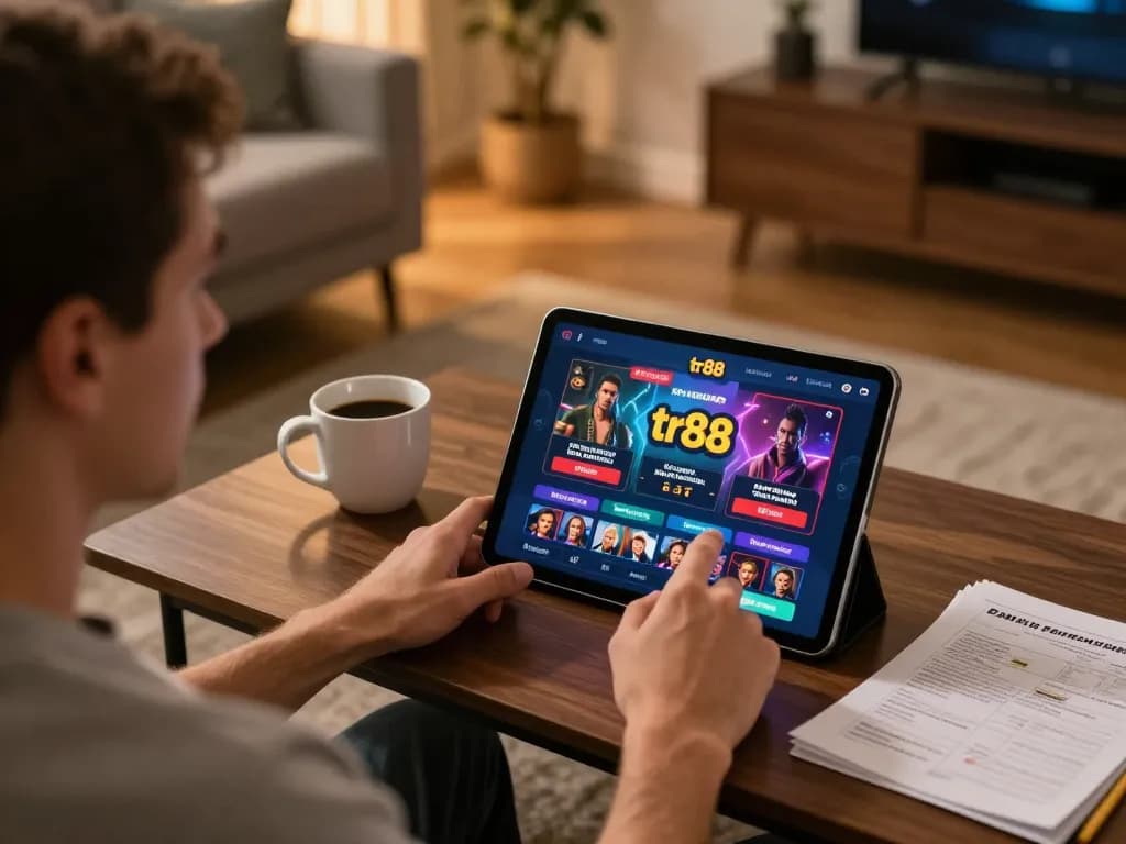 Player enjoying tr88 online casino gaming on a tablet in a cozy home environment