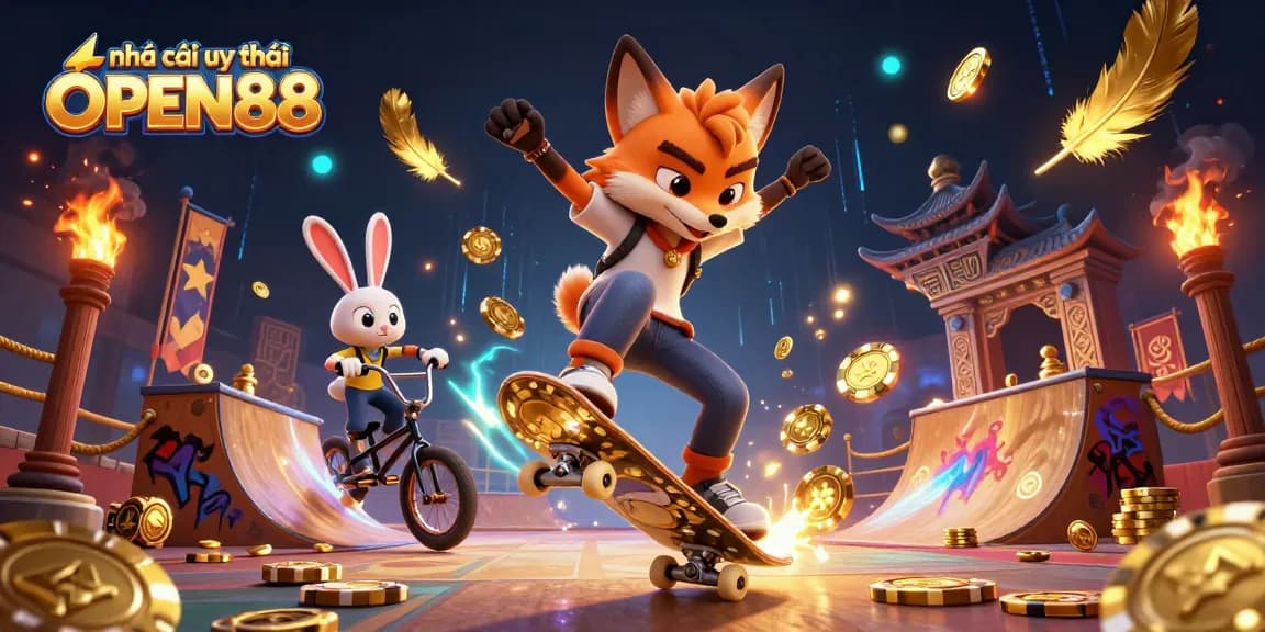 Engage with the excitement at nhà cái uy tín OPEN88 featuring a cartoon fox on a golden ramp.