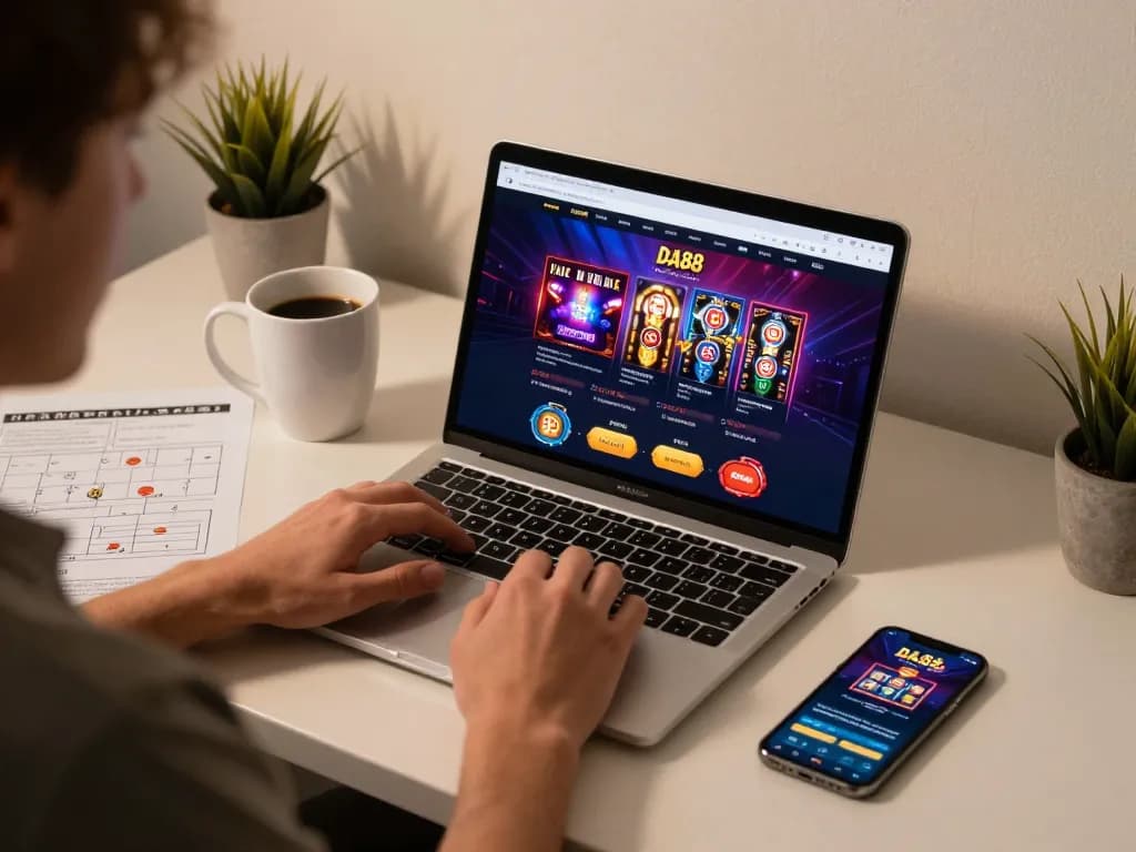 Engaging in online gaming at DA88, showcasing poker and slot interfaces on a laptop.