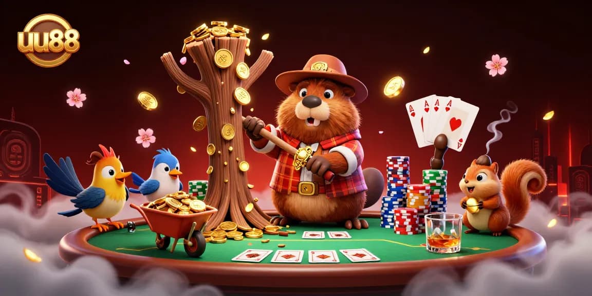 Experience exclusive gambling fun at uu88 with a beaver and friends collecting coins.