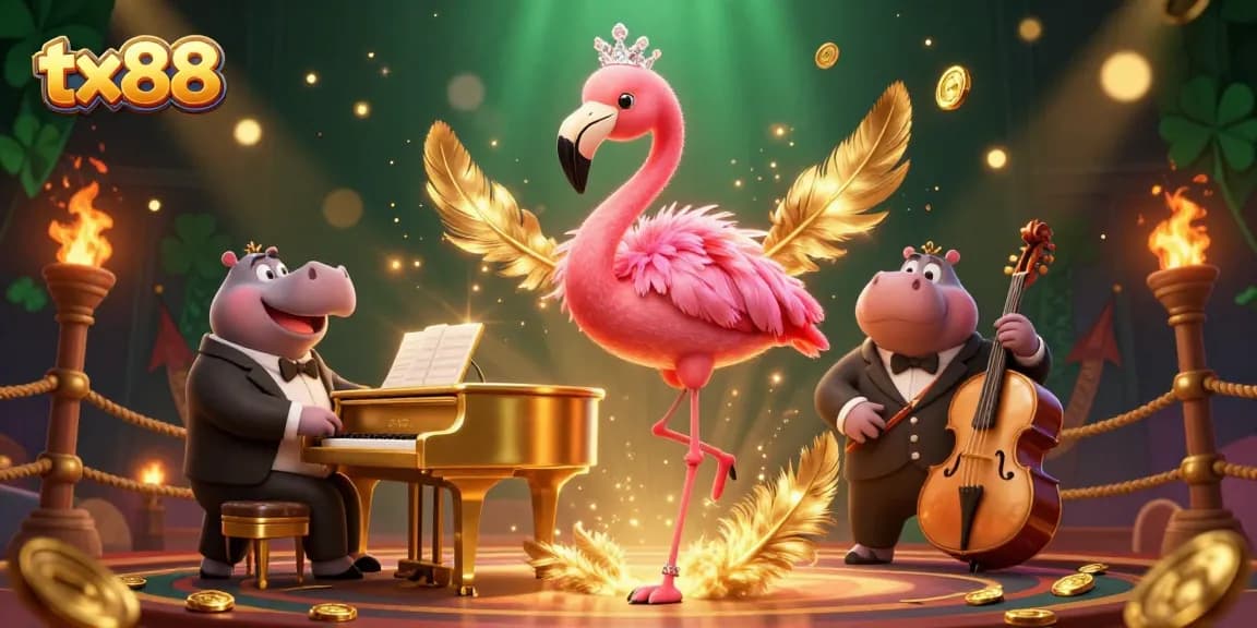 Experience the thrill of tx88 with vibrant casino action featuring a flamingo singer and hippo bassist.