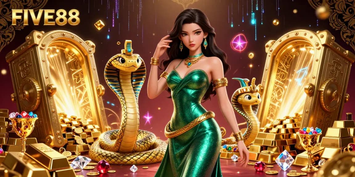 Experience the excitement of FIVE88 with a captivating 3D illustration featuring a stunning woman and her golden cobra companion in a vibrant casino scene.