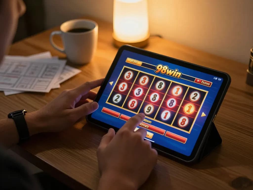 Engaged player using the 98win casino app for strategic slot gameplay, showcasing online gaming environment.