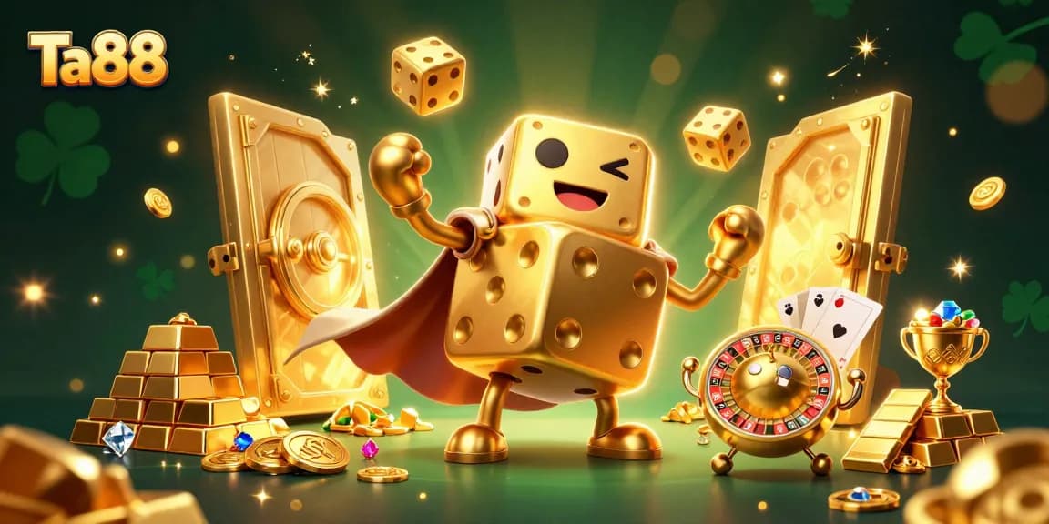 Experience Ta88 with thrilling golden dice golem and dynamic casino elements in a vibrant illustration.
