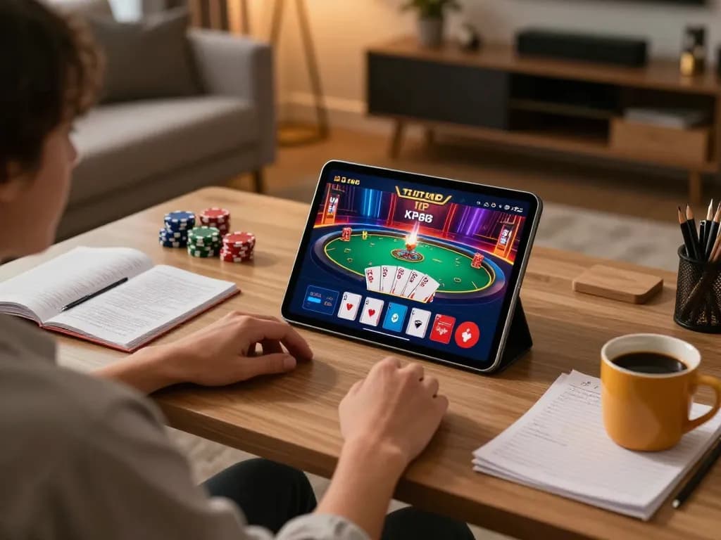 Playing KP88 VIP on a tablet in a cozy home office, showcasing online casino excitement.