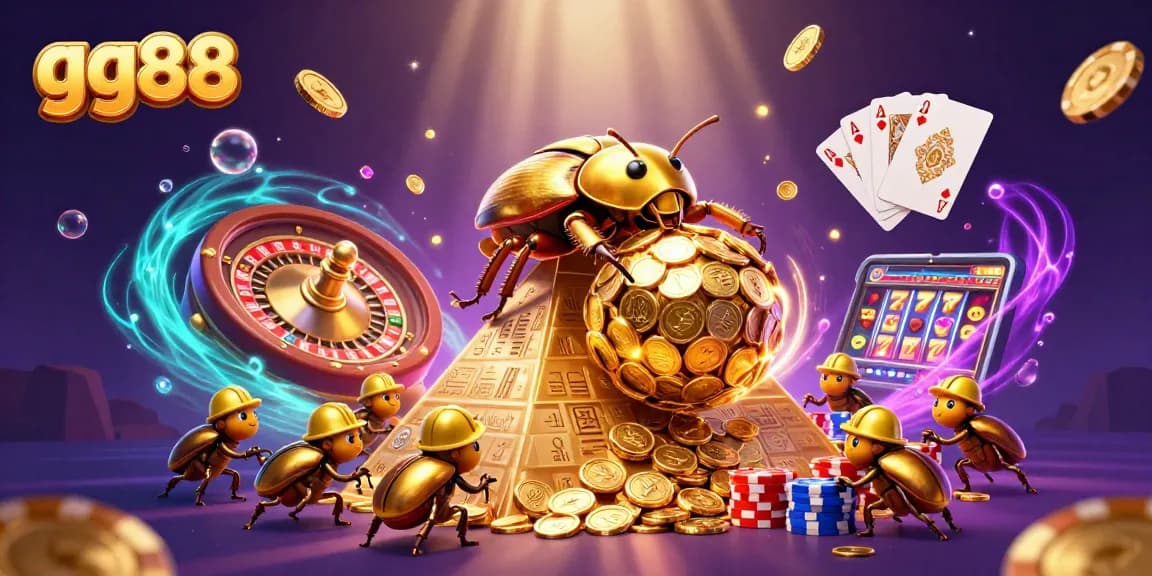 Experience the thrill of gaming at gg88 with vibrant illustrations of casino elements and golden beetles.