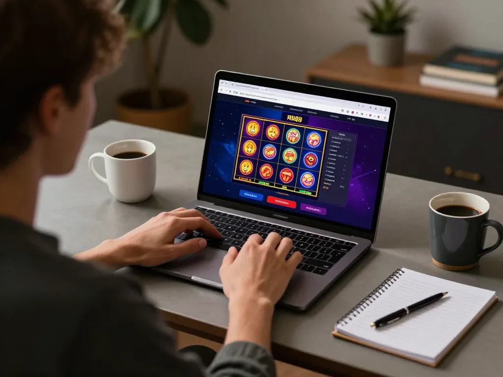 Engaged player enjoying RR88 online casino gaming strategy with laptop.
