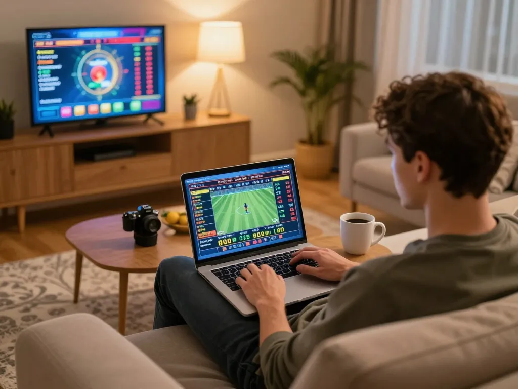 Engaging in sports betting at home through https://va88.now/ with laptop showcasing real-time odds and welcoming atmosphere