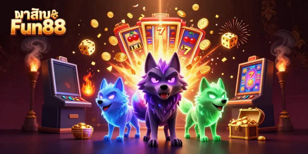 Engaging illustration of คาสิโน Fun88 featuring a dynamic scene with ghostly wolves and a jackpot slot machine.