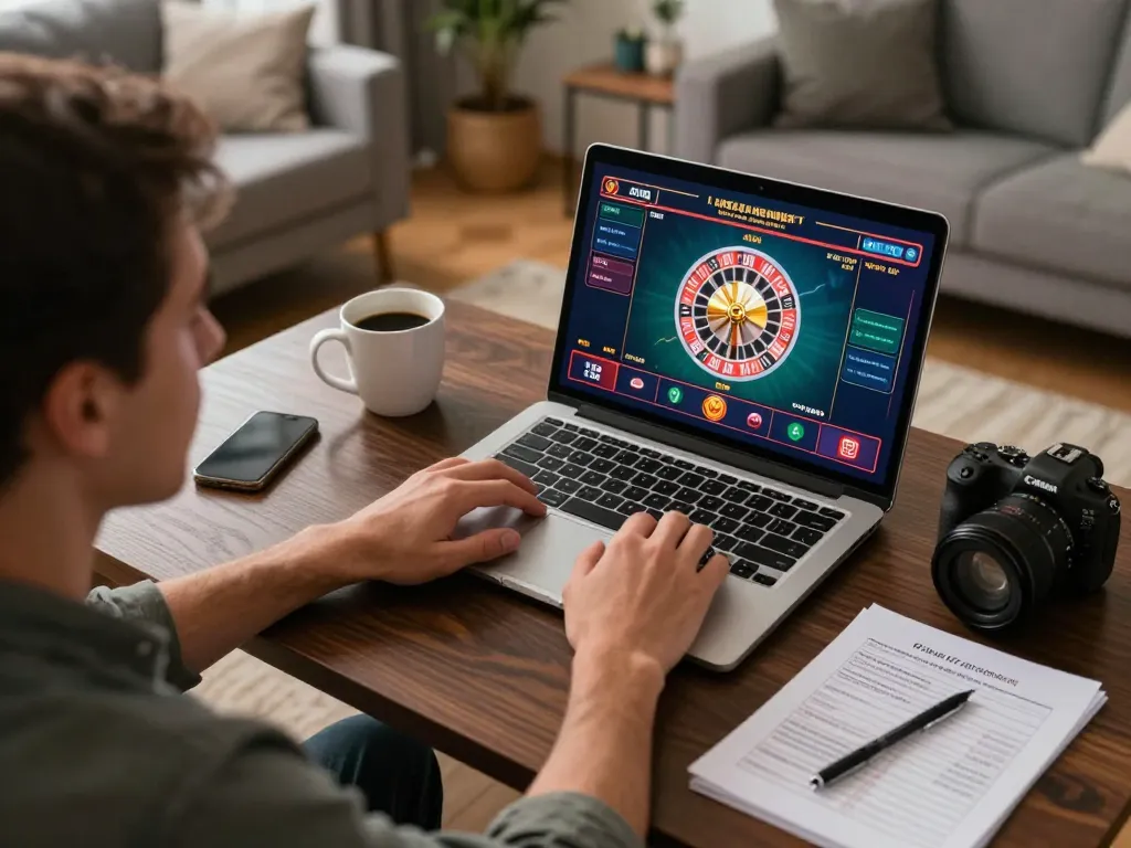 Engaging in XX88 online roulette gaming from home with strategic notes and laptop.