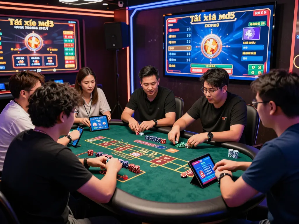 Engaged players in vibrant online casino atmosphere enjoying tài xỉu md5 game interaction.